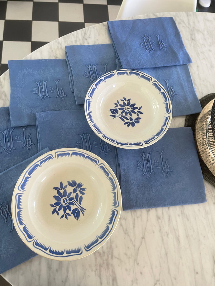 8 serviettes damassées vintage teintées en bleus